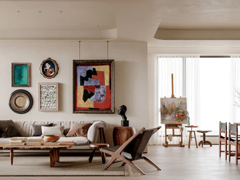 Retro living room and dining room 3D Model