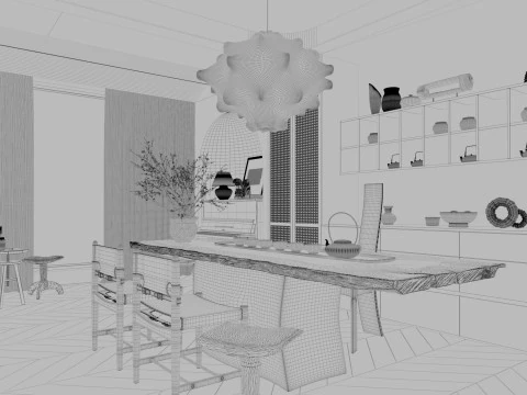 Retro living room and dining room 3D Model