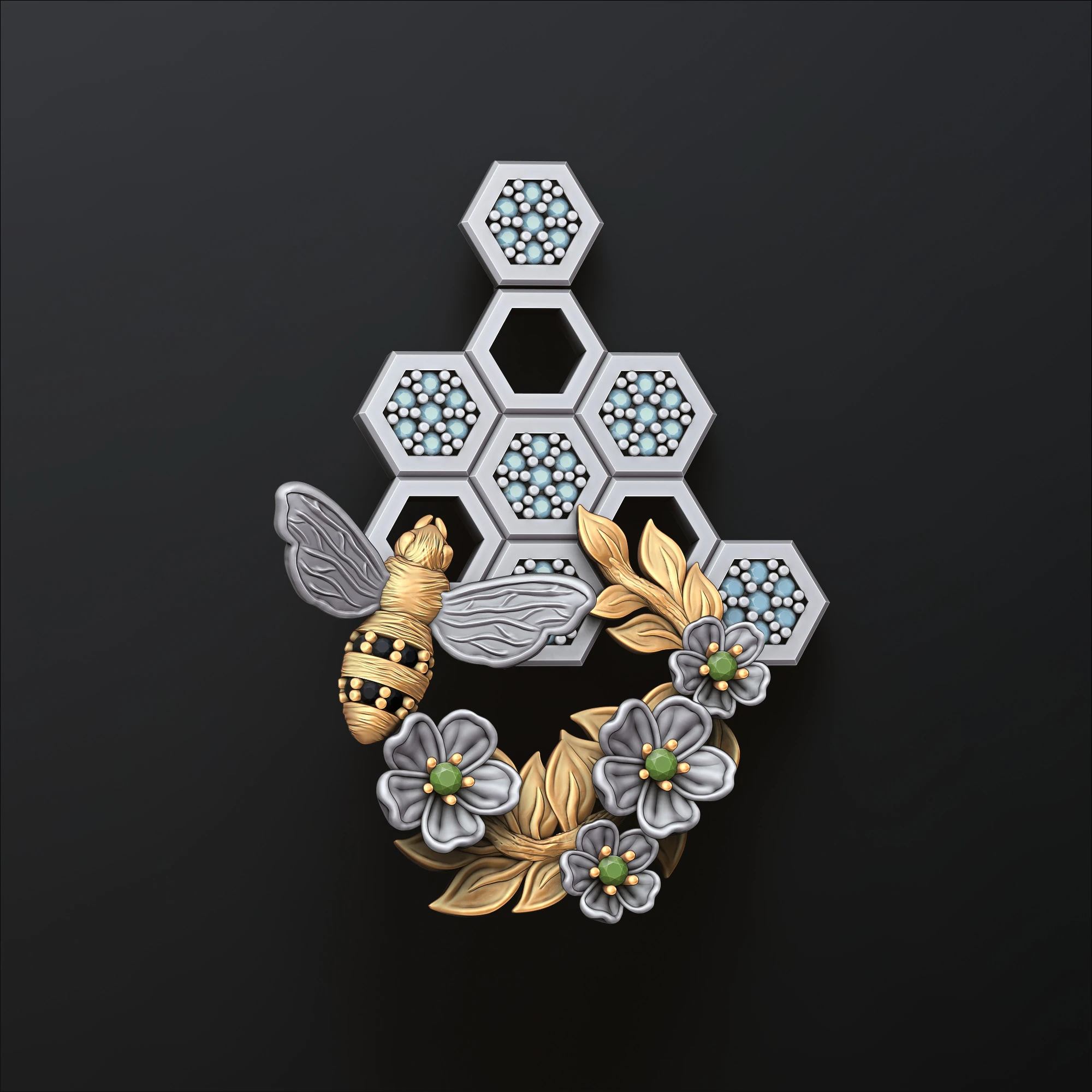 带宝石的蜂巢吊坠 3D 打印模型 3D 打印模型 .c4d .max .obj .3ds .fbx .stl .blend 