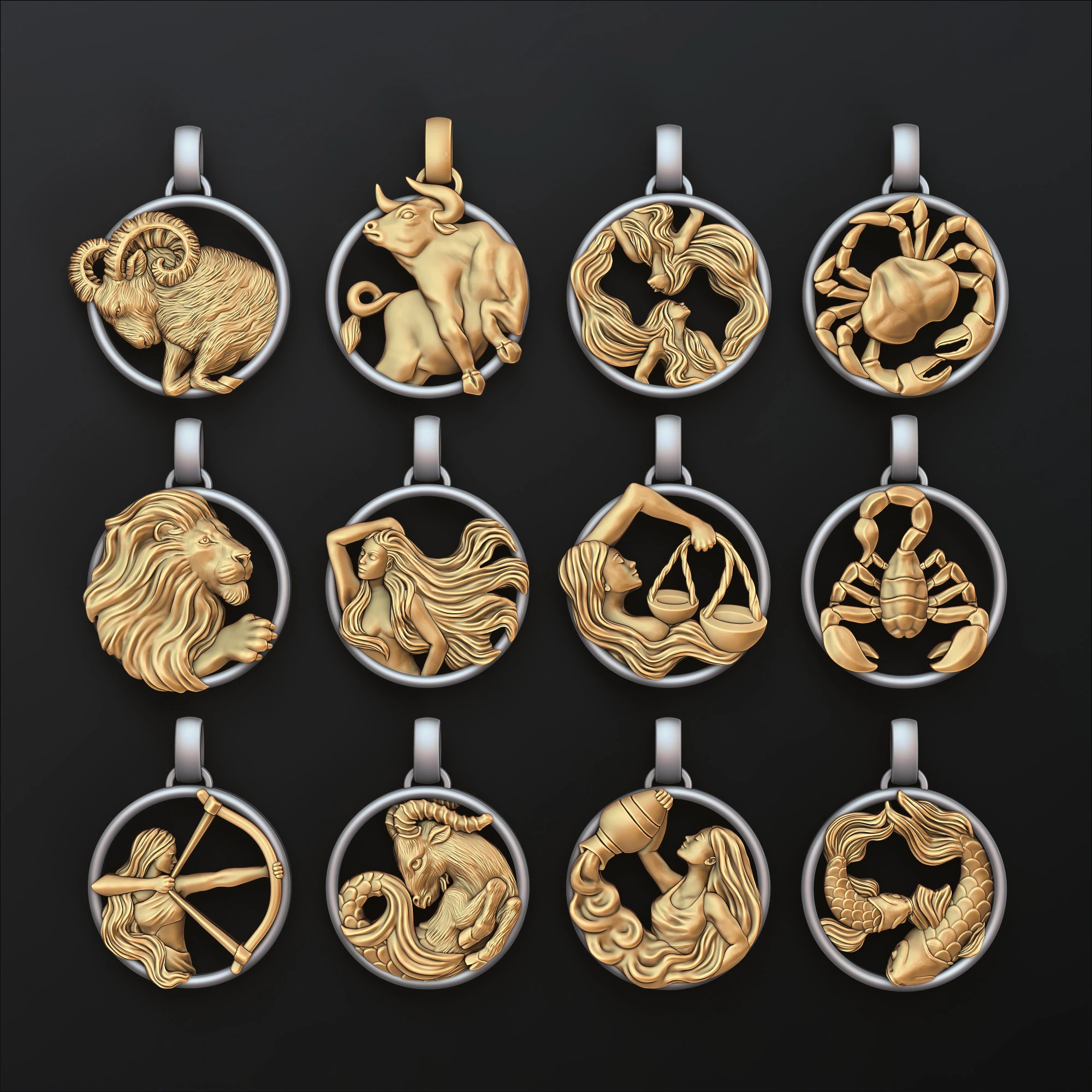 Zodiac Horoscope Pendants Set Pack 3D print models 3D Print Model .c4d .max .obj .3ds .fbx .stl .blend 
