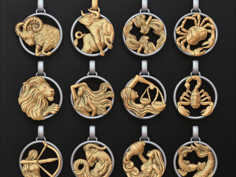 Zodiac Horoscope Pendants Set Pack 3D print models Model Cetak 3D