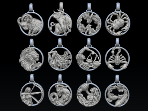Zodiac Horoscope Pendants Set Pack 3D print models 3D 프린트 모델