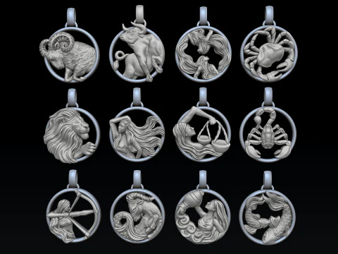 Zodiac Horoscope Pendants Set Pack 3D print models 3D Print Model