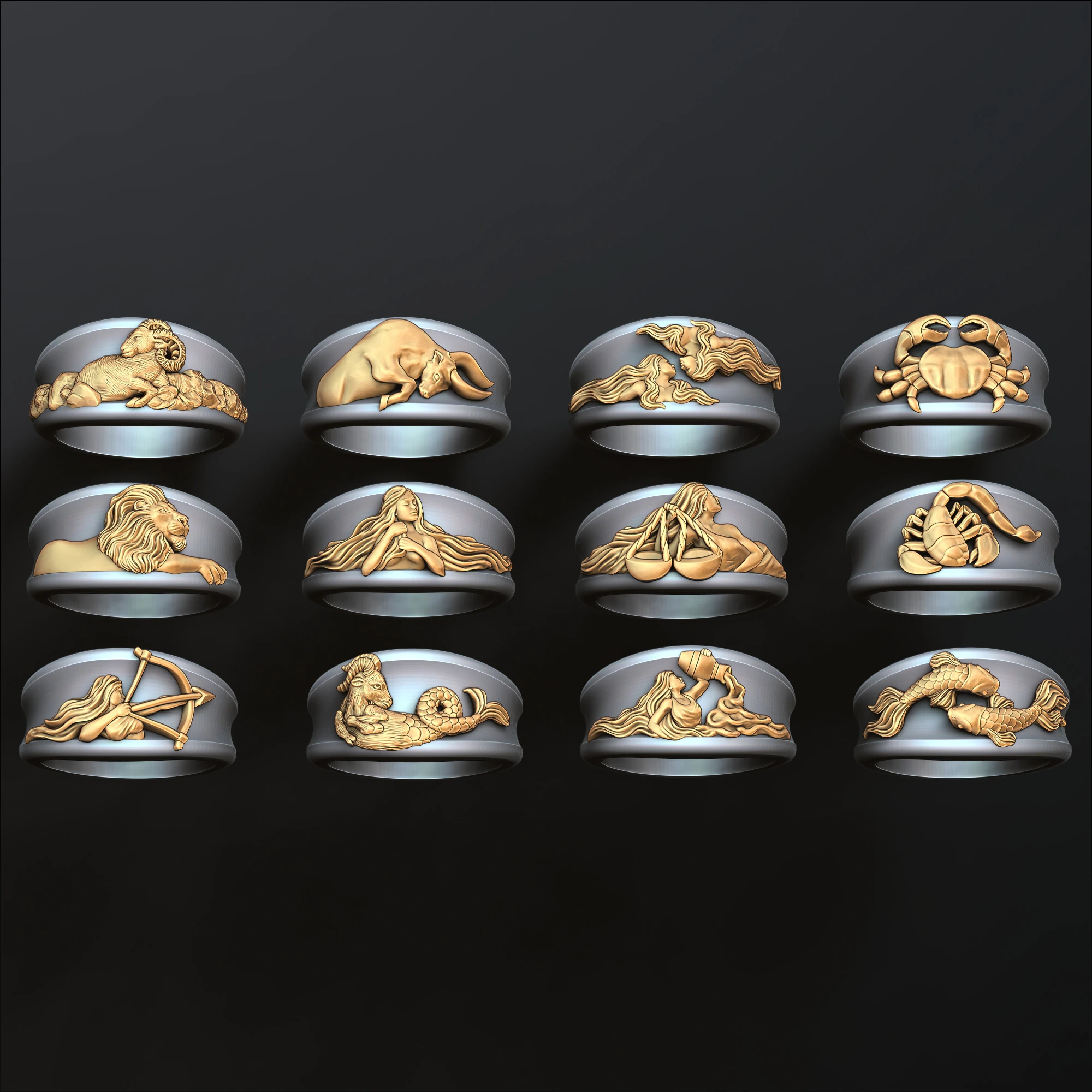 Zodiac Horoscope Rings Set Pack 3D print model 3D Print Model .c4d .max .obj .3ds .fbx .stl .blend