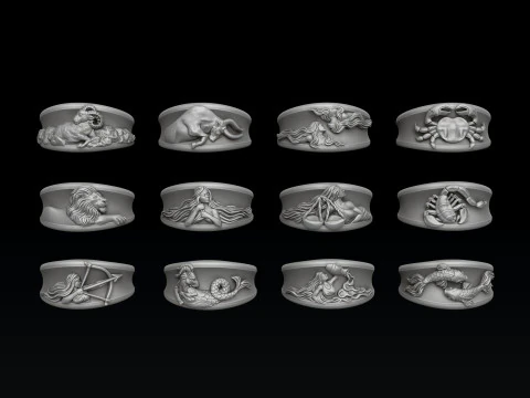 Zodiac Horoscope Rings Set Pack 3D print model 3D Print Model