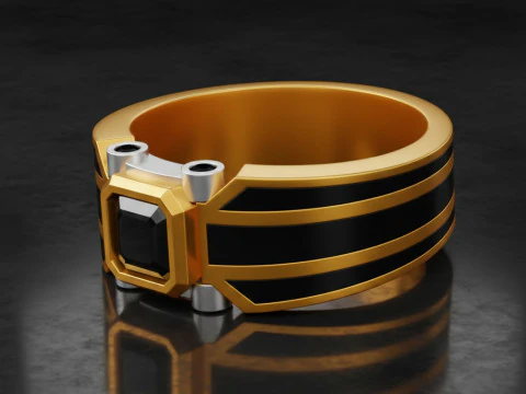Modern Matte Gold Ring with Black Reflective Stone free 3D print model 3D Print Model