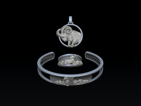 Zodiac Horoscope Aries ring pendant bracelet collection 3D print model 3D Baskı Modeli