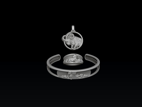 Zodiac Horoscope Aries ring pendant bracelet collection 3D print model 3D Baskı Modeli