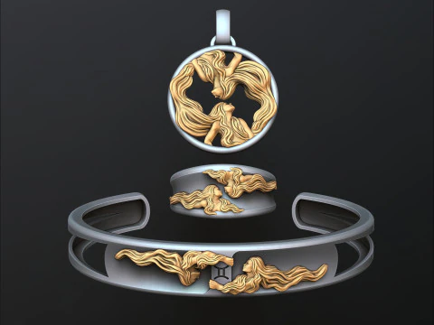 Collection de bracelets et pendentifs avec bague Horoscope du zodiaque G&eacute;meaux Mod&egrave;le d'impression 3D Modèles 3D en vedette