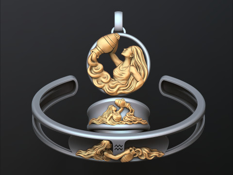 Zodiac Horoscope Aquarius ring pendant bracelet collection 3D print model 3D Print Model
