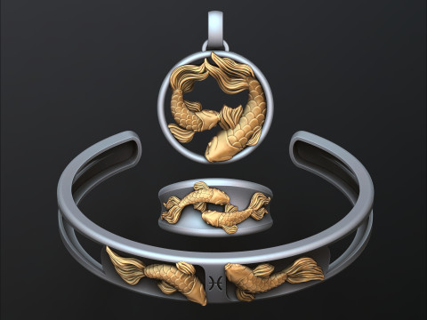 Zodiac Horoscope Pisces ring pendant bracelet collection 3D print model 3Dプリントモデル