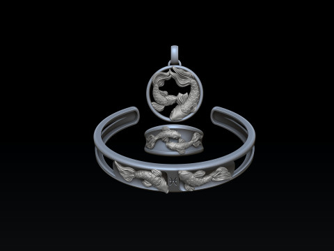 Zodiac Horoscope Pisces ring pendant bracelet collection 3D print model 3Dプリントモデル