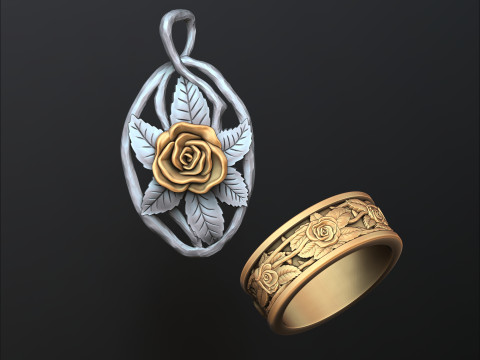 Rose Ring Pendant Set 3D print models 3Dプリントモデル