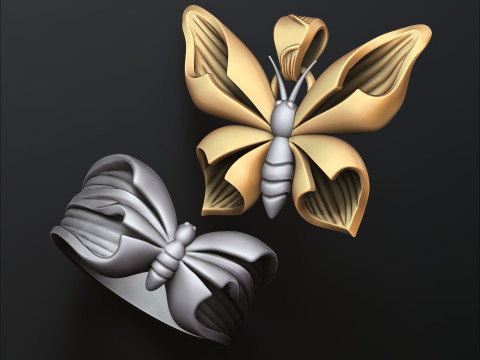 Butterfly Ring Pendant Set 3D print model 3Dプリントモデル