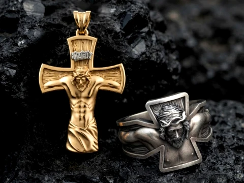 Jesus Crucifixion cross ring pendant set 3D print model 3D Print Model