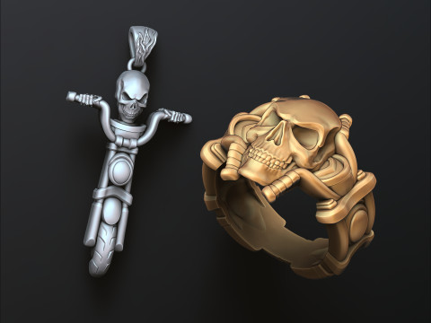 Skull biker pendant ring collection 3D print model 3Dプリントモデル