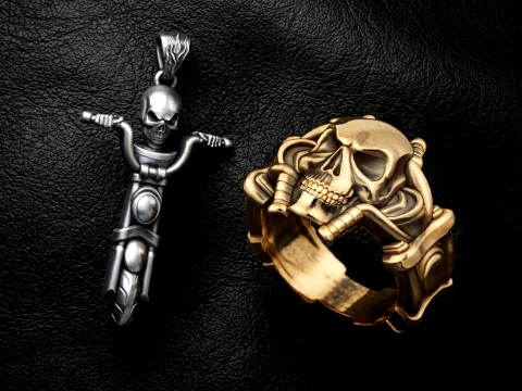 Skull biker pendant ring collection 3D print model 3D Print Model