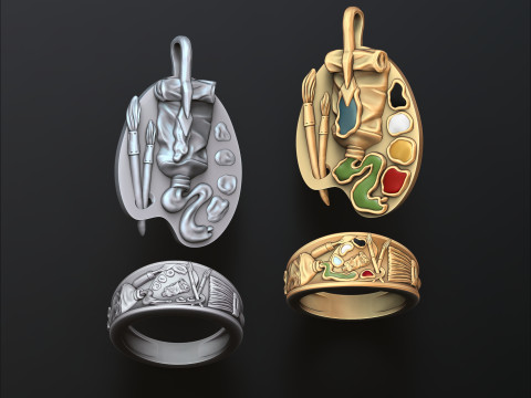 Painting Palette Ring Pendant set 3D print model 3Dプリントモデル