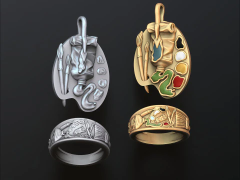 Conjunto de pingente de anel de paleta de pintura Modelo de impress&atilde;o 3D Modelo de Impressão 3D