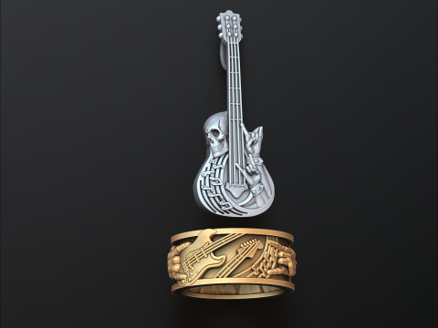 Rock N Roll Guitar Ring Pendant Set 3D print model 3Dプリントモデル