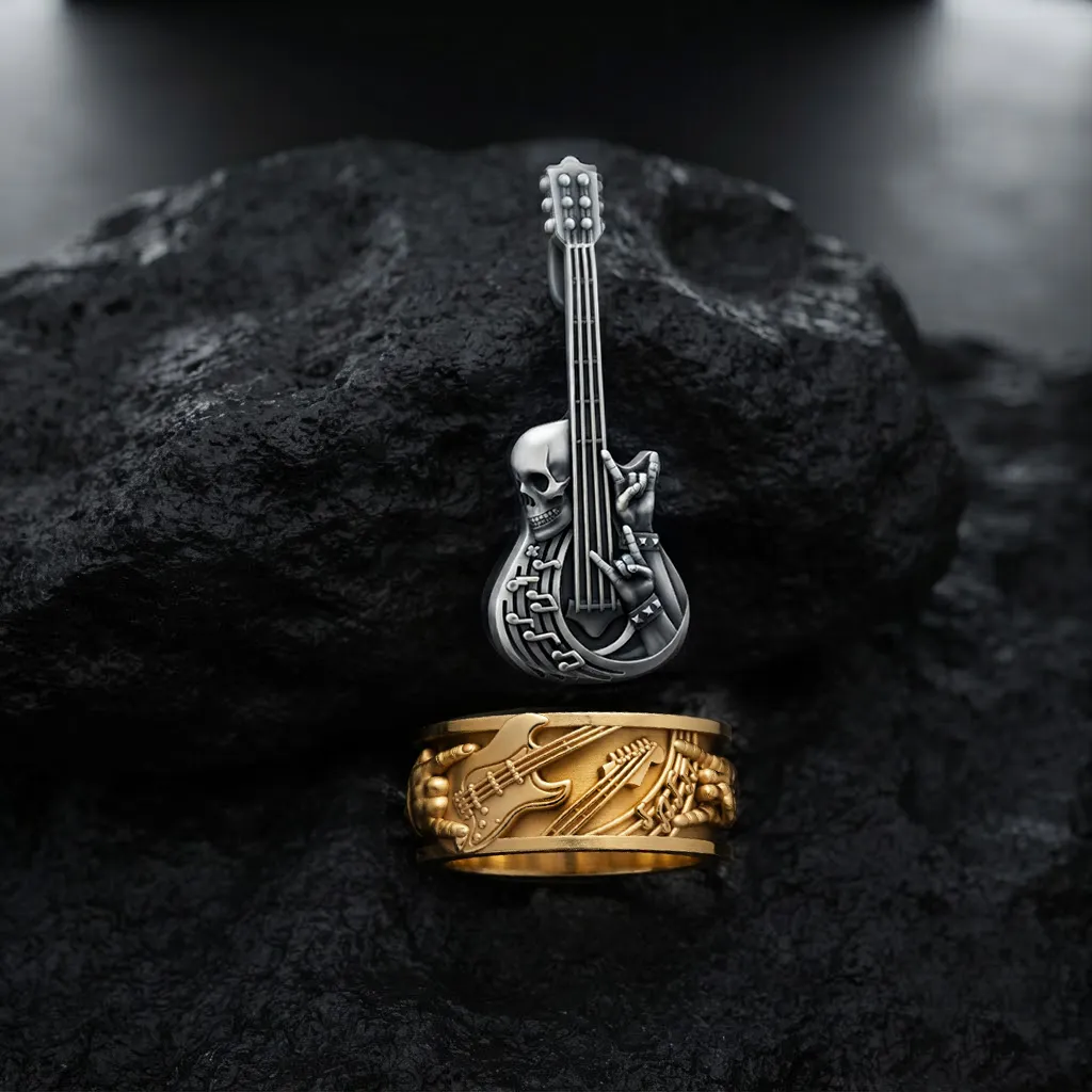 Rock N Roll Guitar Ring Pendant Set 3D print model 3D Print Model .c4d .max .obj .3ds .fbx .stl .blend 
