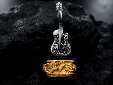 Rock N Roll Guitar Ring Pendant Set 3D print model 3D Print Model