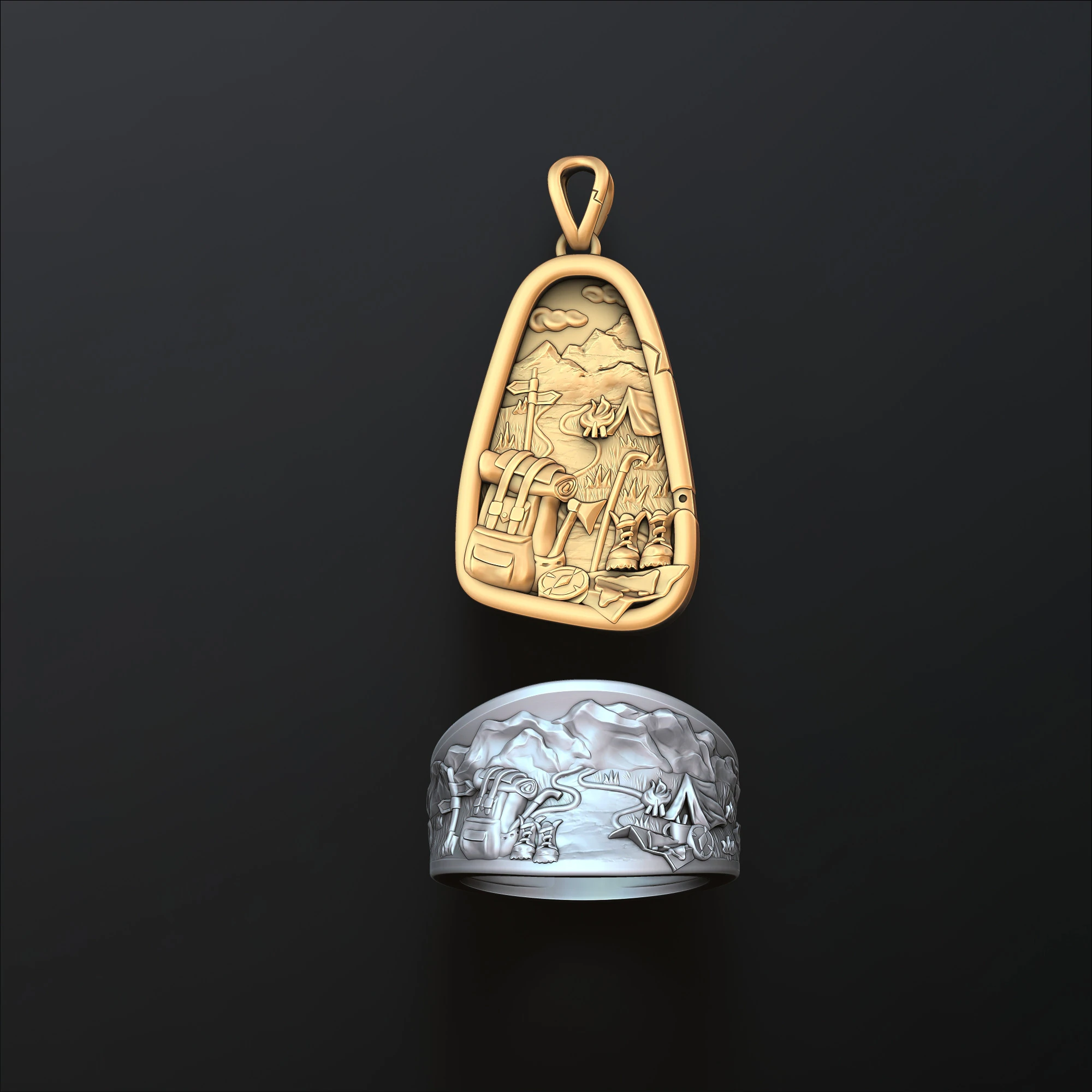 Traveller Hiking Pendant Ring Set 3D print model 3D Print Model .c4d .max .obj .3ds .fbx .stl .blend