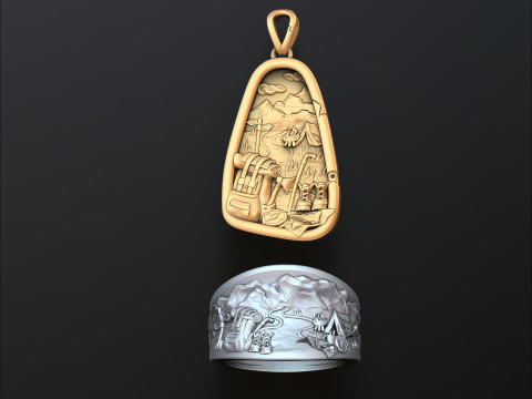Traveller Hiking Pendant Ring Set 3D print model 3Dプリントモデル