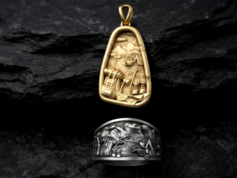 Traveller Hiking Pendant Ring Set 3D print model 3D Print Model