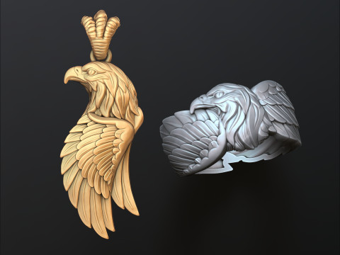 Eagle Pendant Ring Collection Set 3D print model 3Dプリントモデル