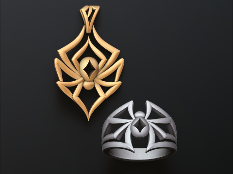 Spider pendant ring minimalistic collection set 3D print model 3Dプリントモデル