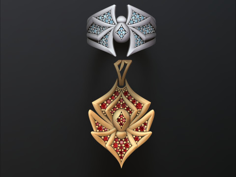 Spider Pendant Ring Minimalistic With Gems collection set 3D print model Modello di stampa 3D