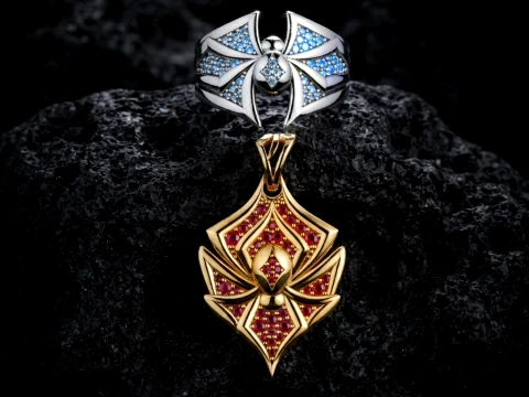 Spider Pendant Ring Minimalistic With Gems collection set 3D print model 3D Print Model