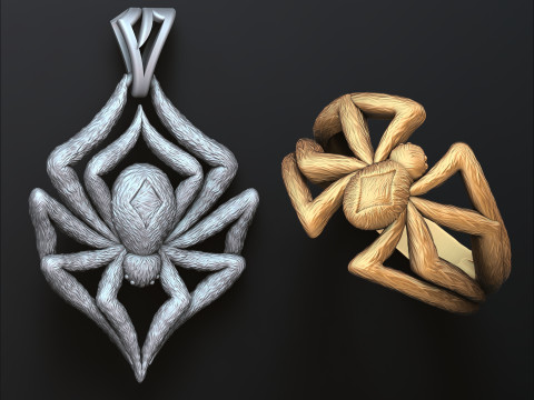 Spider pendant ring collection set 3D print model 3Dプリントモデル