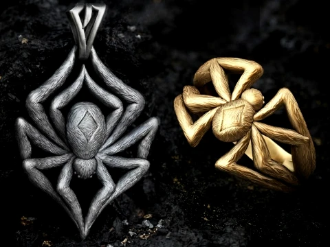 Conjunto de cole&ccedil;&atilde;o de anel com pingente de aranha Modelo de impress&atilde;o 3D Modelo de Impressão 3D