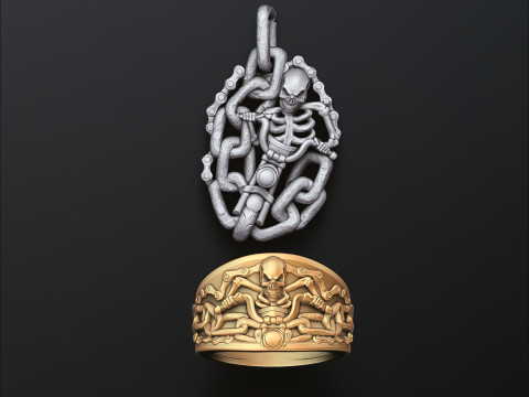 Biker Skull Ring Pendant Collection Set 3D print model 3Dプリントモデル