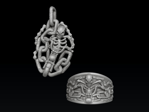 Biker Skull Ring Pendant Collection Set 3D print model 3D प्रिंट मॉडल