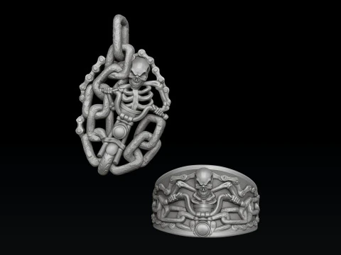 Biker Skull Ring Pendant Collection Set 3D print model 3D Print Model