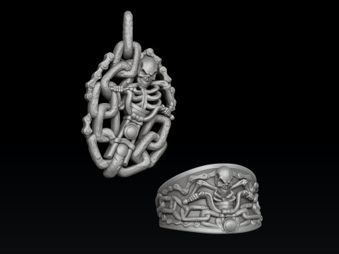Biker Skull Ring Pendant Collection Set 3D print model 3D प्रिंट मॉडल