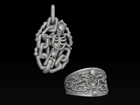 Biker Skull Ring Pendant Collection Set 3D print model 3D Print Model