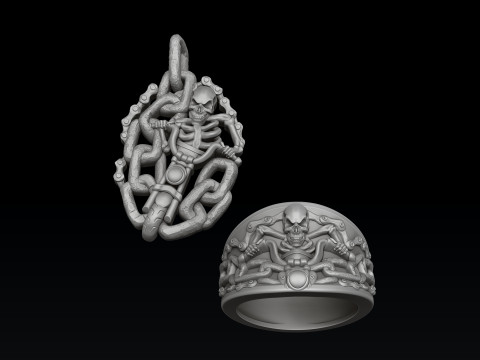 Biker Skull Ring Pendant Collection Set 3D print model 3D प्रिंट मॉडल