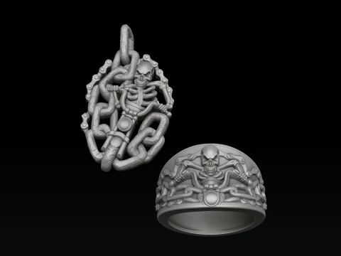 Biker Skull Ring Pendant Collection Set 3D print model 3D Print Model