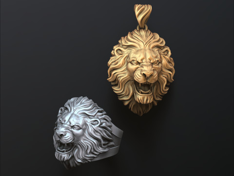 Lion ring pendant v2 set 3D print model 3D Print Model