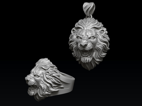 Lion ring pendant v2 set 3D print model 3Dプリントモデル