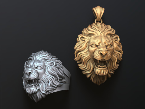 Lion ring pendant v2 set 3D print model 3D 打印模型