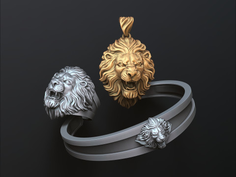 Lion Ring Pendant Bracelet v2 Set Collection 3D print model 3Dプリントモデル