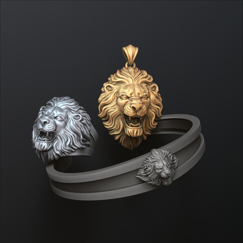 Lion Ring Pendant Bracelet v2 Set Collection 3D print model 3Dプリントモデル .c4d .max .obj .3ds .fbx .stl .blend