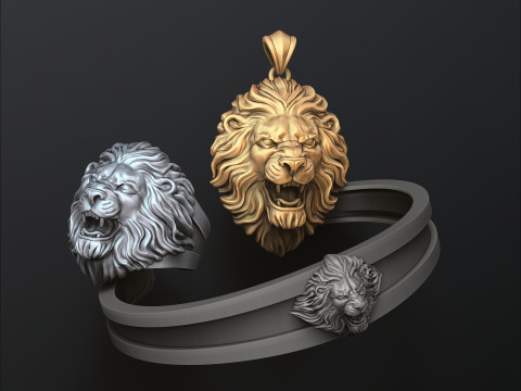 Lion Ring Pendant Bracelet v2 Set Collection 3D print model 3D प्रिंट मॉडल