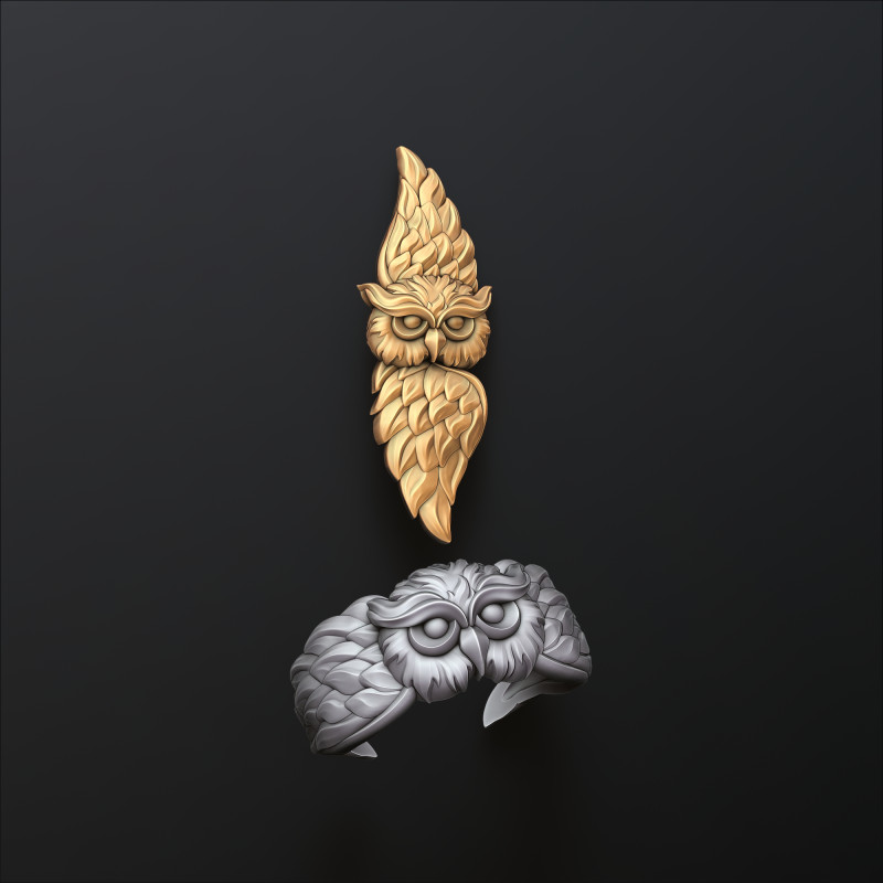 Owl Pendant Ring Set 3D print model 3D Baskı Modeli .c4d .max .obj .3ds .fbx .stl .blend