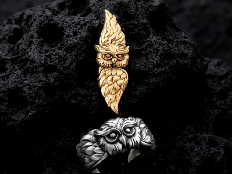 Owl Pendant Ring Set 3D print model 3D Print Model